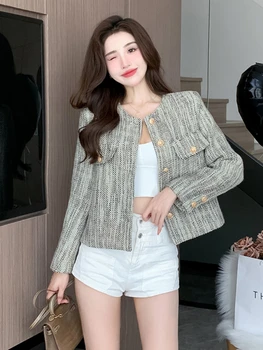 Femei Toamna și Iarna coreean Noi High-end Temperament Gât Rotund Maneca Lunga Single-Breasted Tweed Moda Chic Blana Scurta