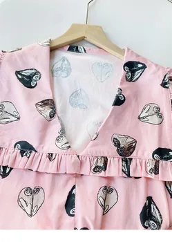 Femei V-neck culoare Roz Imprimate cu mâneci Lungi Rochie Mini 2022 Începutul Toamnei Noi Femeile e Dulce Vrac Cutat Halat Scurt